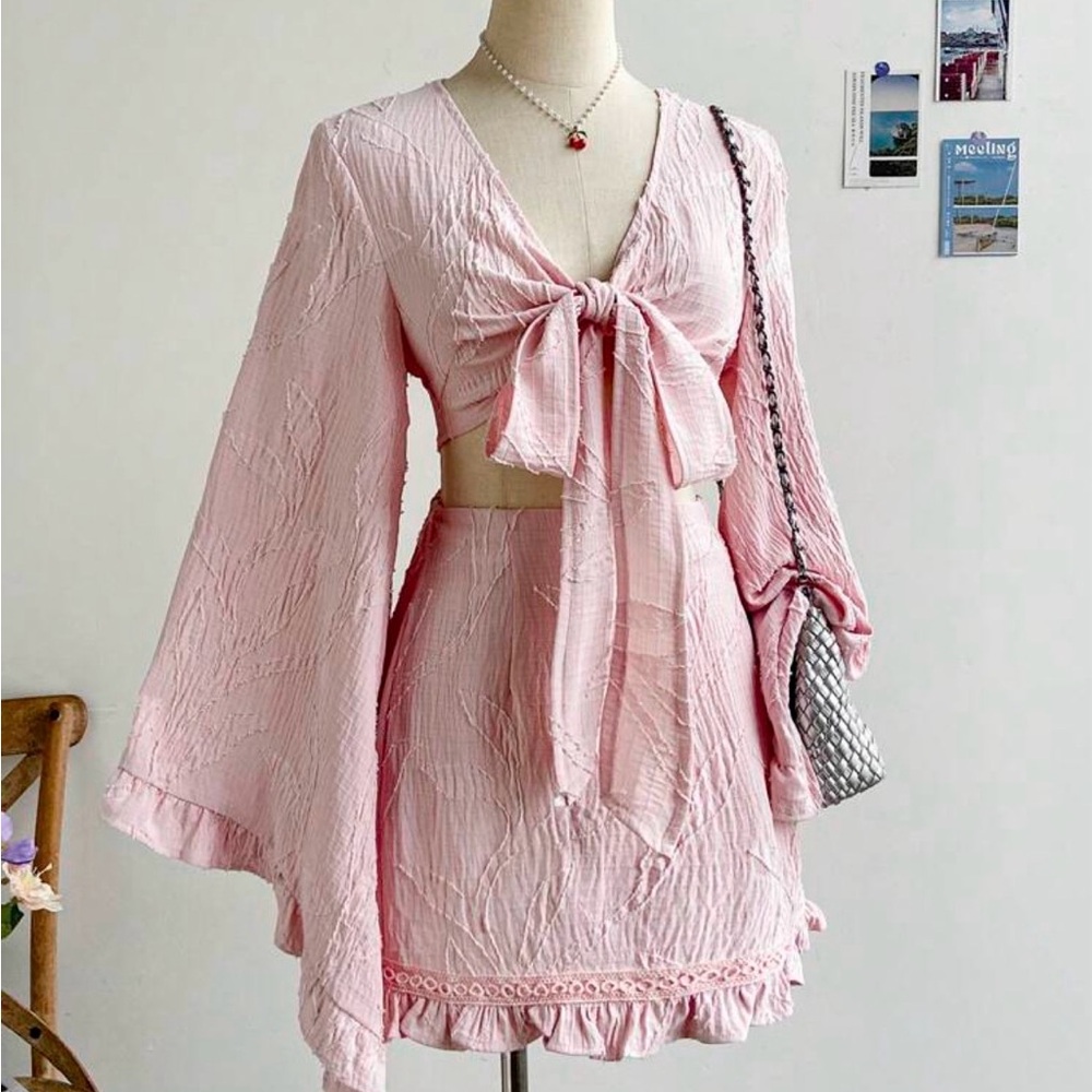 2 Piece Baby Pink Willow Print Wrap Tie Bell Sleeve Top & Ruffled Skirt Set